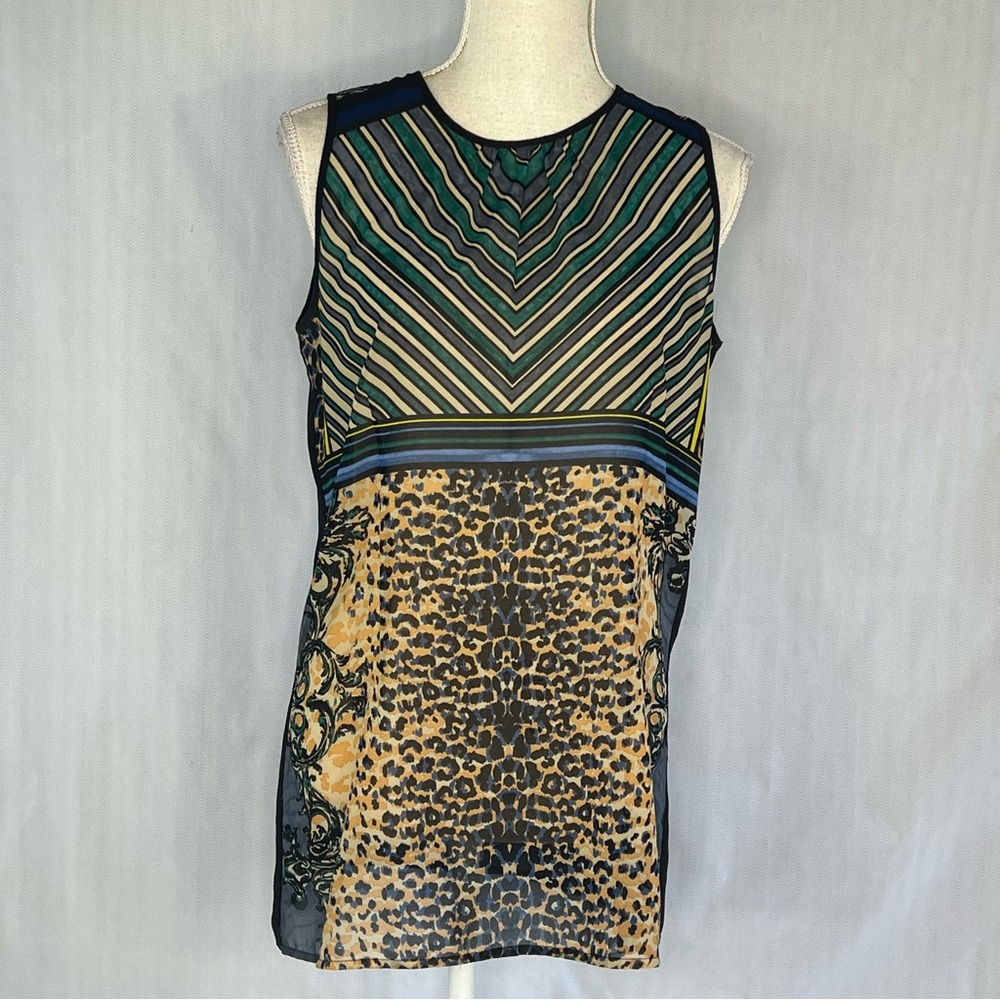 Cabi Top #565 Buchanan Semi Shear Chiffon Sleeveless Blue Tan & Green S👍